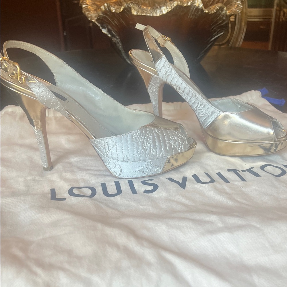 Louis Vuitton silver/ pewter silk quilted LV logo fabric and Gold Heels .